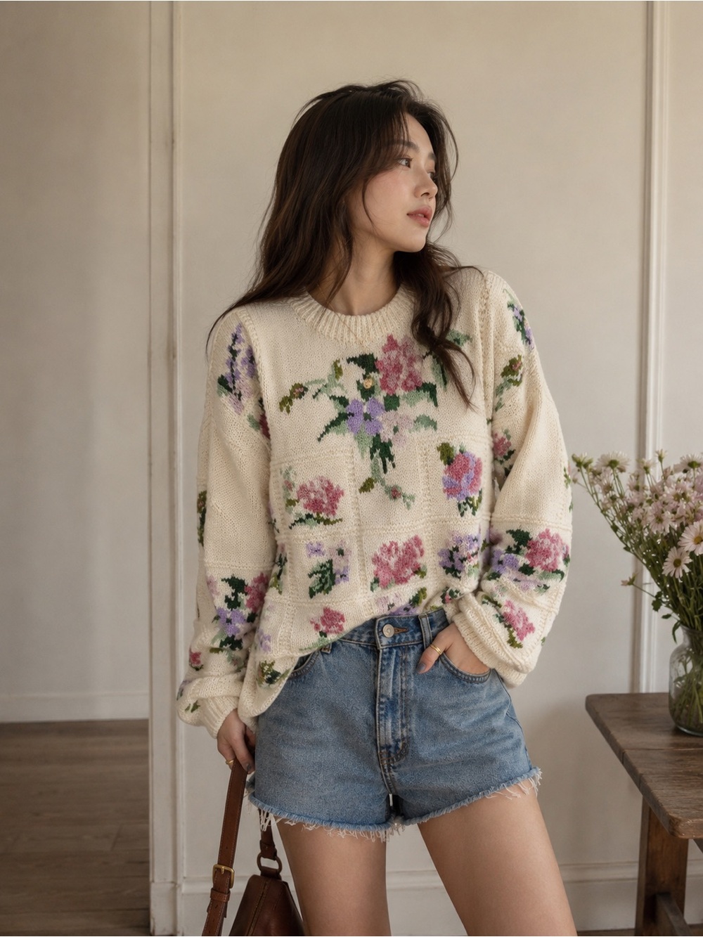 Vintage Talbots Chunky Knit Flower Embroidered Sweater 100% Wool Small Oversized - Picture 3 of 8
